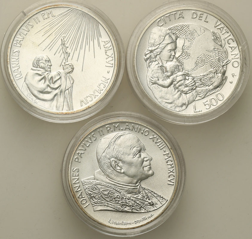 Watykan. 500 lirów 1994-1996 - Jan Paweł II, zestaw 3 monet
